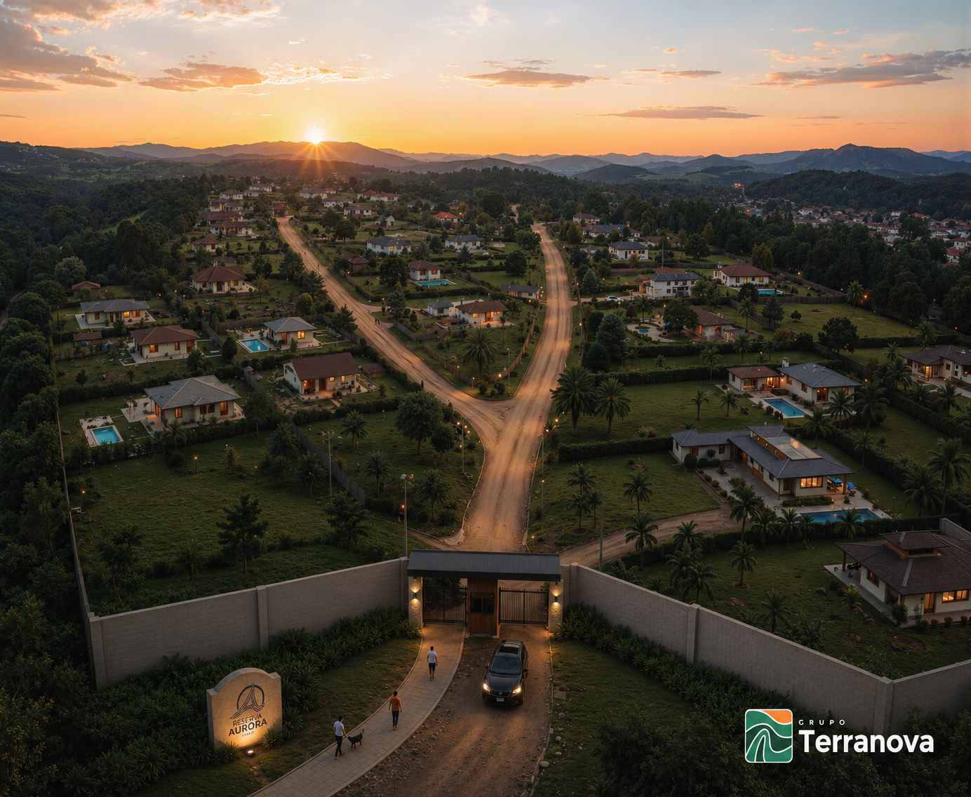 Perspectiva ao entardecer: vista aérea do empreendimento consolidado