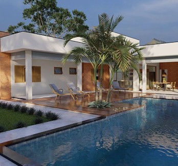 Casa contemporânea com palmeiras e piscina