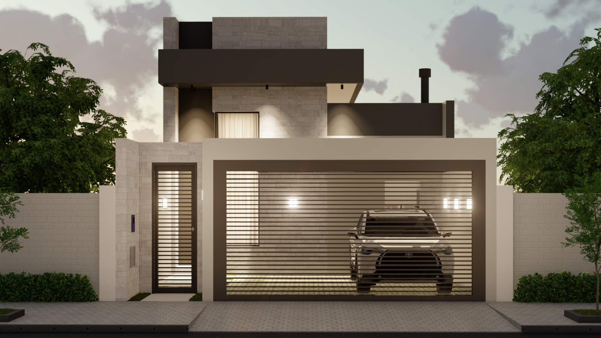 Casa contemporânea com garagem fechada e fachada em pedra