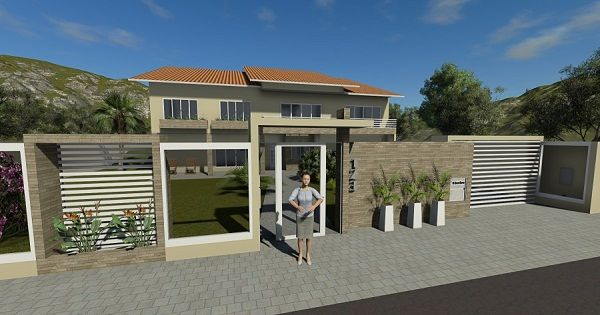 Casa com muro moderno e entrada em pedra