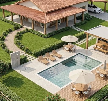 Casa de campo com telhado colonial e piscina