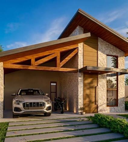 Casa com telhado inclinado, madeira aparente e pedra